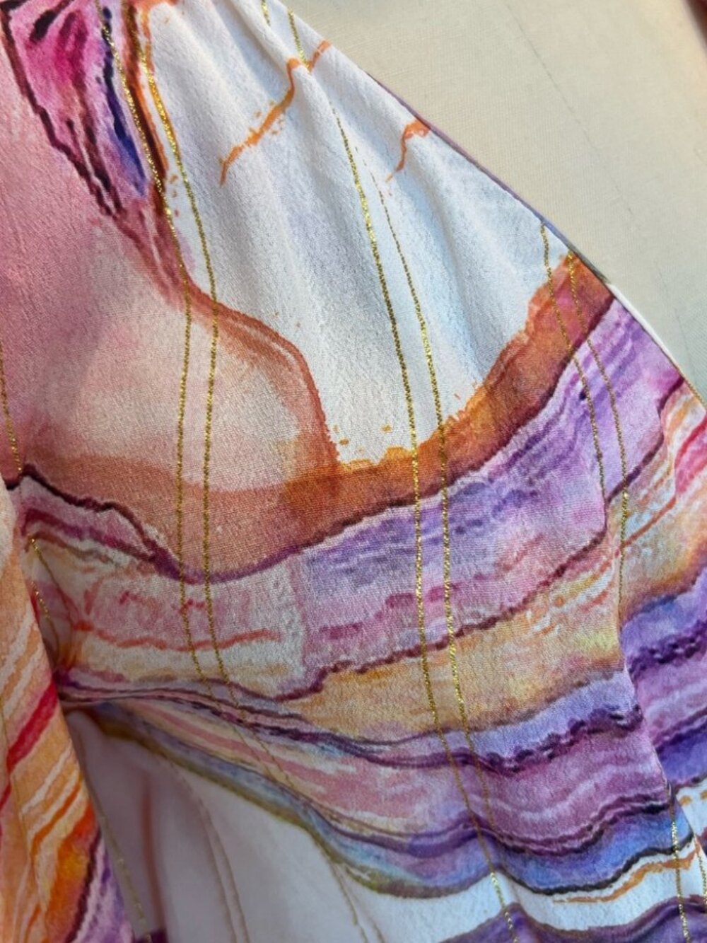 Rococo Sand Eira Peplum Wrap Top Peach Lilac Metallic Stripe NWT M